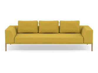 Modern 3 Seater Sofa with 2 Armrests in Vibrant Mustard Fabric-Natural Oak-Distinct Designs (London) Ltd