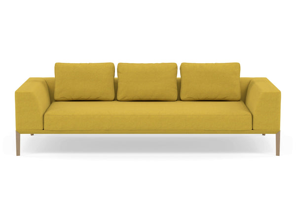 Modern 3 Seater Sofa with 2 Armrests in Vibrant Mustard Fabric-Natural Oak-Distinct Designs (London) Ltd
