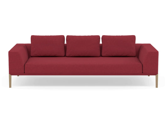 Modern 3 Seater Sofa with 2 Armrests in Rasberry Red Fabric-Natural Oak-Distinct Designs (London) Ltd