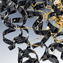 Abstract Glass Ribbon Ceiling Pendant TWO Circular Globes 70cm diameter 2 x 6 centre cluster Lamps-Gold-Black-Distinct Designs (London) Ltd