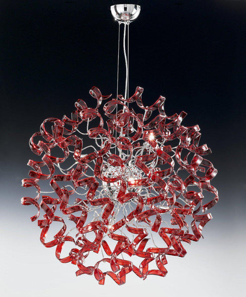 Abstract Glass Ribbon Pendant Light Hanging Globe Ceiling Lamp Fixture 80cm diameter-Chrome-Cherry Red-Distinct Designs (London) Ltd
