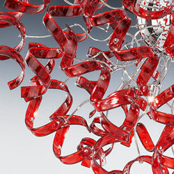 Abstract Glass Ribbon Ceiling Light Pendant 200cm Long Cylinder Cluster 50cm diameter 4 top lamps-Chrome-Cherry Red-Distinct Designs (London) Ltd