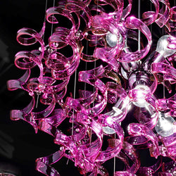 Abstract Glass Ribbon Ceiling Pendant TWO Circular Globes 70cm diameter 2 x 6 centre cluster Lamps-Gold-Magenta-Distinct Designs (London) Ltd