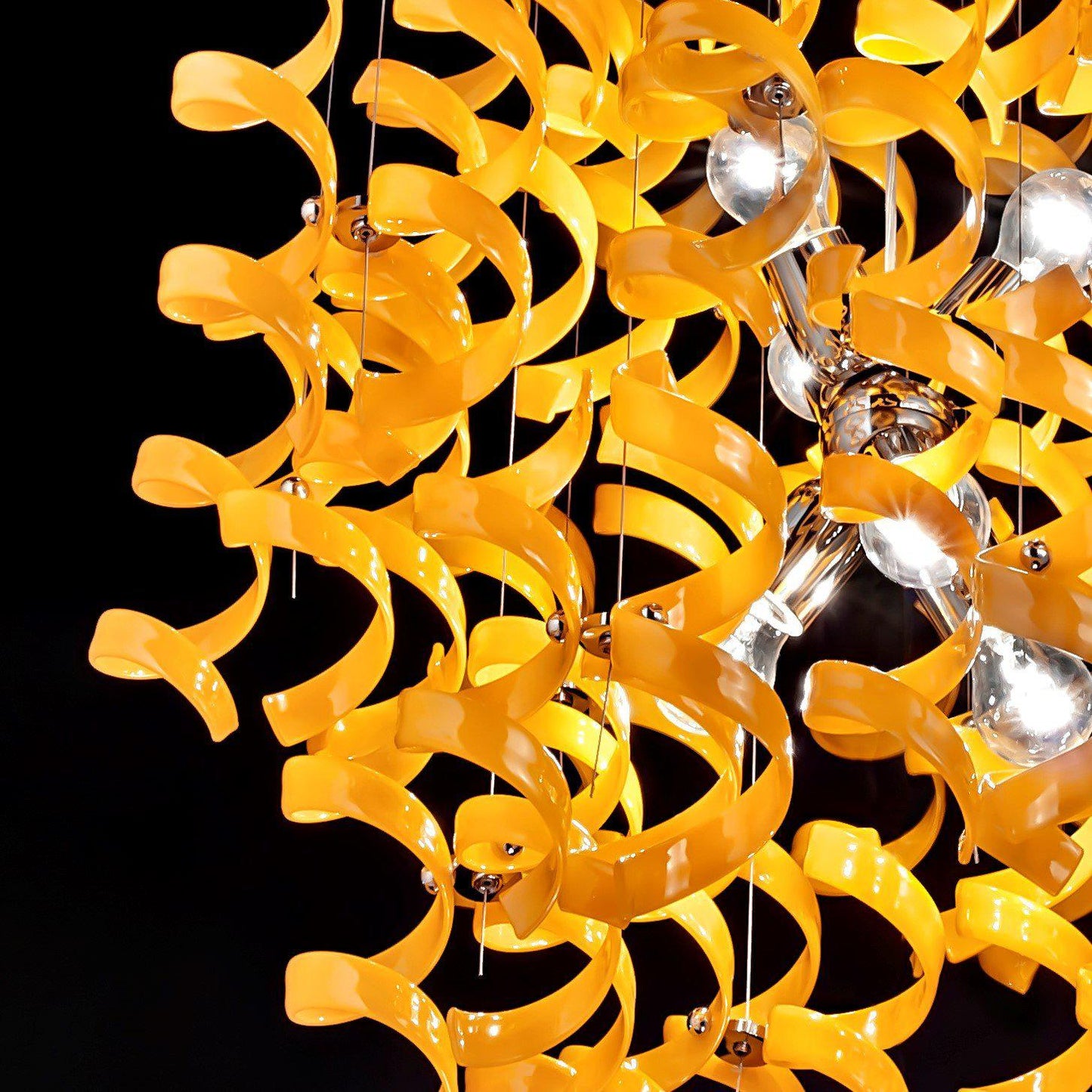Abstract Glass Ribbon Ceiling Pendant Light 70cm Long 50cm diameter Cylinder with 4 top lamps-Gold-Orange-Distinct Designs (London) Ltd