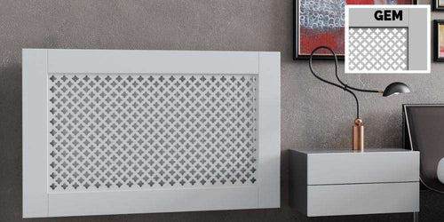 White Framed Clip on Radiator Heater Covers with Classic GEM decorative grille screening panel motif-70x90cm-Distinct Designs (London) Ltd