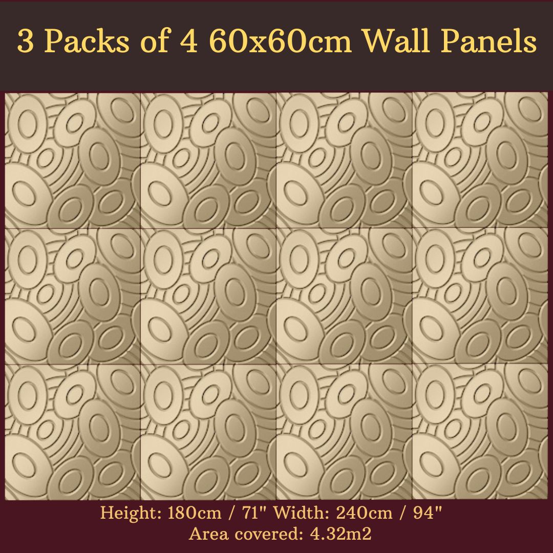 Decorative 3D Textured Feature Wall Panels in Gold Finish Sophisticated Elliptical GALAXY Design-Gold-3 Pks 4 x 60x60cm-Distinct Designs (London) Ltd