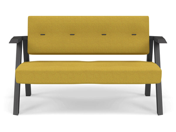 Classic Mid-century Design 2 Seater Sofa Armchair with Buttons in Mustard Yellow Fabric-Wenge Oak-Distinct Designs (London) Ltd
