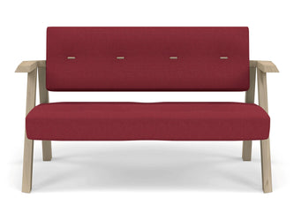 Classic Mid-century Design 2 Seater Sofa Armchair with Buttons in Rasberry Red Fabric-Natural Oak-Distinct Designs (London) Ltd