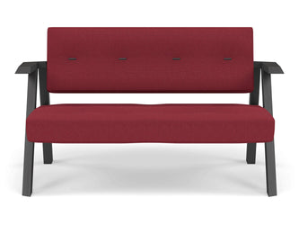 Classic Mid-century Design 2 Seater Sofa Armchair with Buttons in Rasberry Red Fabric-Wenge Oak-Distinct Designs (London) Ltd