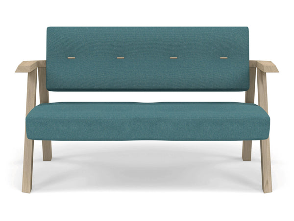 Classic Mid-century Design 2 Seater Sofa Armchair with Buttons in Teal Blue Fabric-Natural Oak-Distinct Designs (London) Ltd