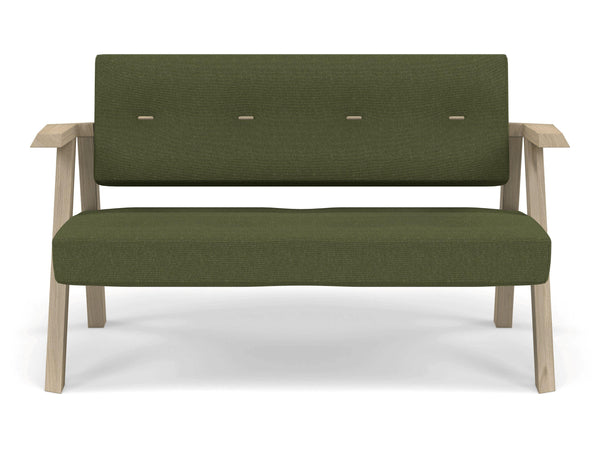 Classic Mid-century Design 2 Seater Sofa Armchair with Buttons in Seaweed Green Fabric-Natural Oak-Distinct Designs (London) Ltd