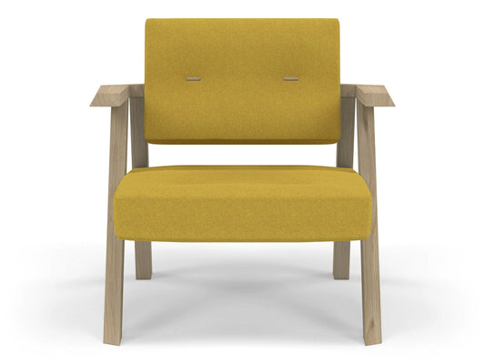 Classic Mid-century Design Armchair with Buttons in Mustard Yellow Fabric-Natural Oak-Distinct Designs (London) Ltd