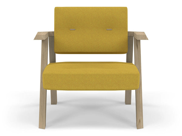 Classic Mid-century Design Armchair with Buttons in Mustard Yellow Fabric-Natural Oak-Distinct Designs (London) Ltd