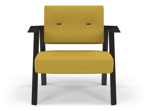 Classic Mid-century Design Armchair with Buttons in Mustard Yellow Fabric-Wenge Oak-Distinct Designs (London) Ltd