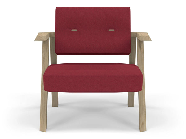Classic Mid-century Design Armchair with Buttons in Rasberry Red Fabric-Natural Oak-Distinct Designs (London) Ltd