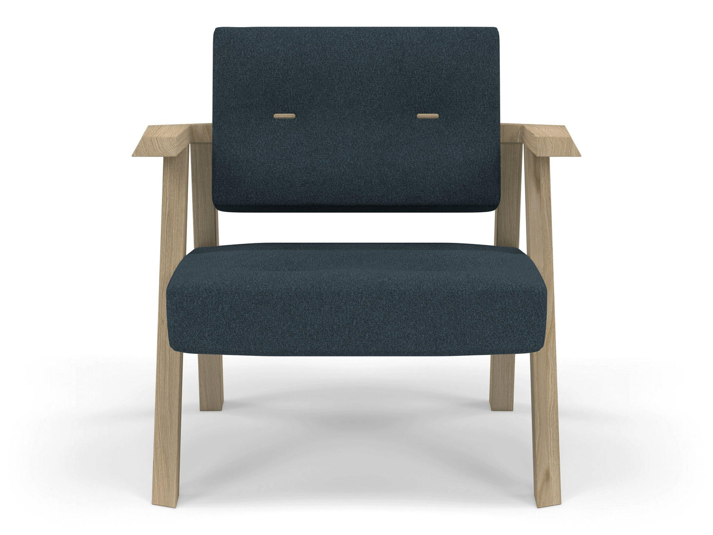 Classic Mid-century Design Armchair with Buttons in Denim Blue Fabric-Natural Oak-Distinct Designs (London) Ltd
