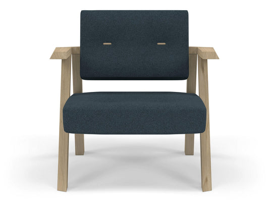 Classic Mid-century Design Armchair with Buttons in Denim Blue Fabric-Natural Oak-Distinct Designs (London) Ltd