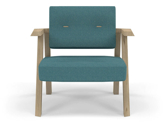 Classic Mid-century Design Armchair with Buttons in Teal Blue Fabric-Natural Oak-Distinct Designs (London) Ltd