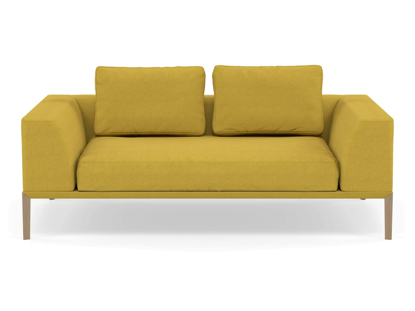 Modern 2 Seater Sofa with 2 Armrests in Vibrant Mustard Yellow Fabric-Natural Oak-Distinct Designs (London) Ltd