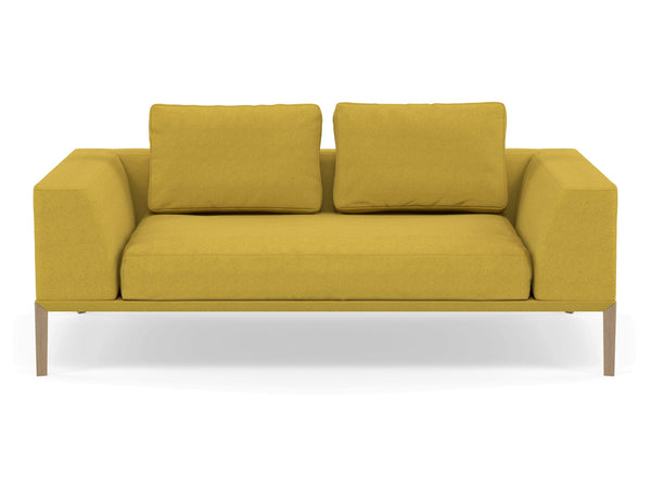 Modern 2 Seater Sofa with 2 Armrests in Vibrant Mustard Yellow Fabric-Natural Oak-Distinct Designs (London) Ltd