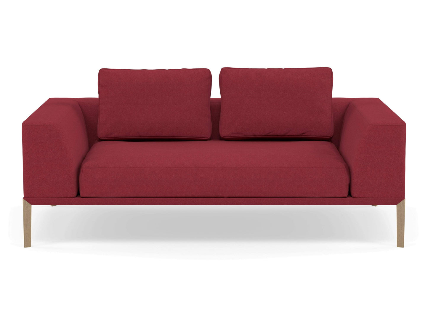 Modern 2 Seater Sofa with 2 Armrests in Rasberry Red Fabric-Natural Oak-Distinct Designs (London) Ltd