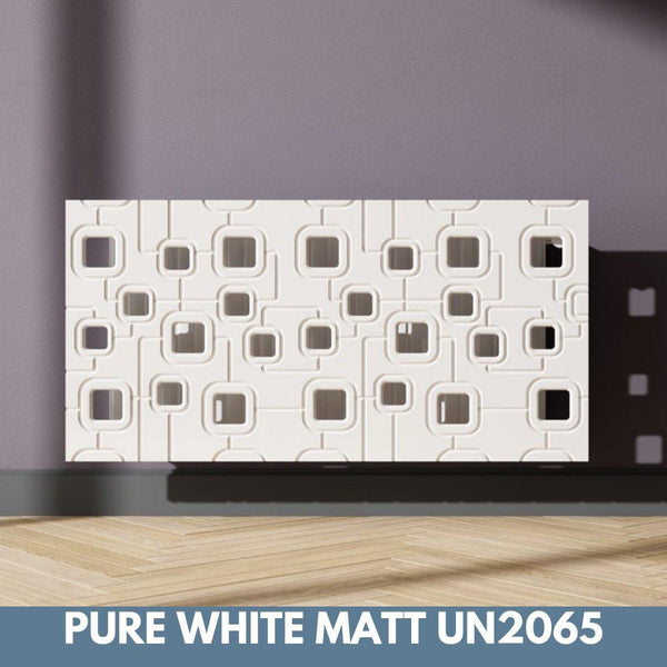 Bespoke Removable Radiator Heater Cover with geometric SATURN Design in SATIN MATT Finish & Colours-Pure White Matt-70x70cm-Distinct Designs (London) Ltd