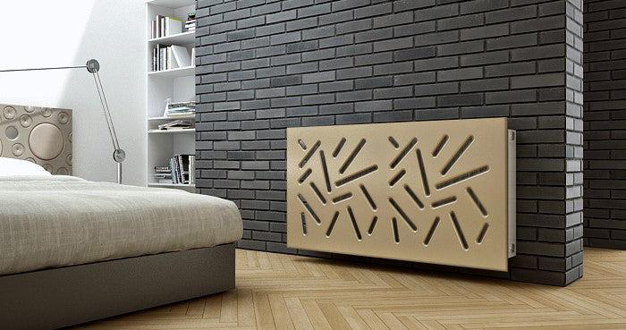 Modern Made to Order Clip on Radiator Heater Cover in GOLD Finish with Trendy STICKS Design Pattern-Distinct Designs (London) Ltd