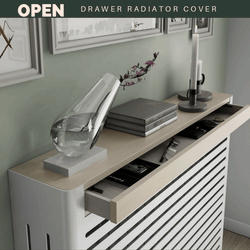 Modern Floating Radiator Heater Cover Box NORDIC STRIPE design with 1 or 2 wooden drawers OPEN & CLOSED  Distinctdesigns.co.uk