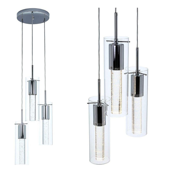 Modern Crystal Cylinder Glass Pendant LED Light Hanglamp with champagne bubbles frozen in ice Styling-3-Light-Distinct Designs (London) Ltd