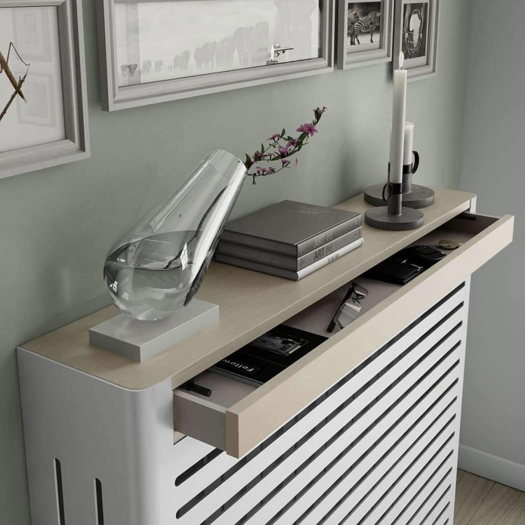 Modern Floating Radiator Heater Cover NORDIC STRIPE Metal Box design with wooden drawers Ref RCNR230-Distinct Designs (London) Ltd