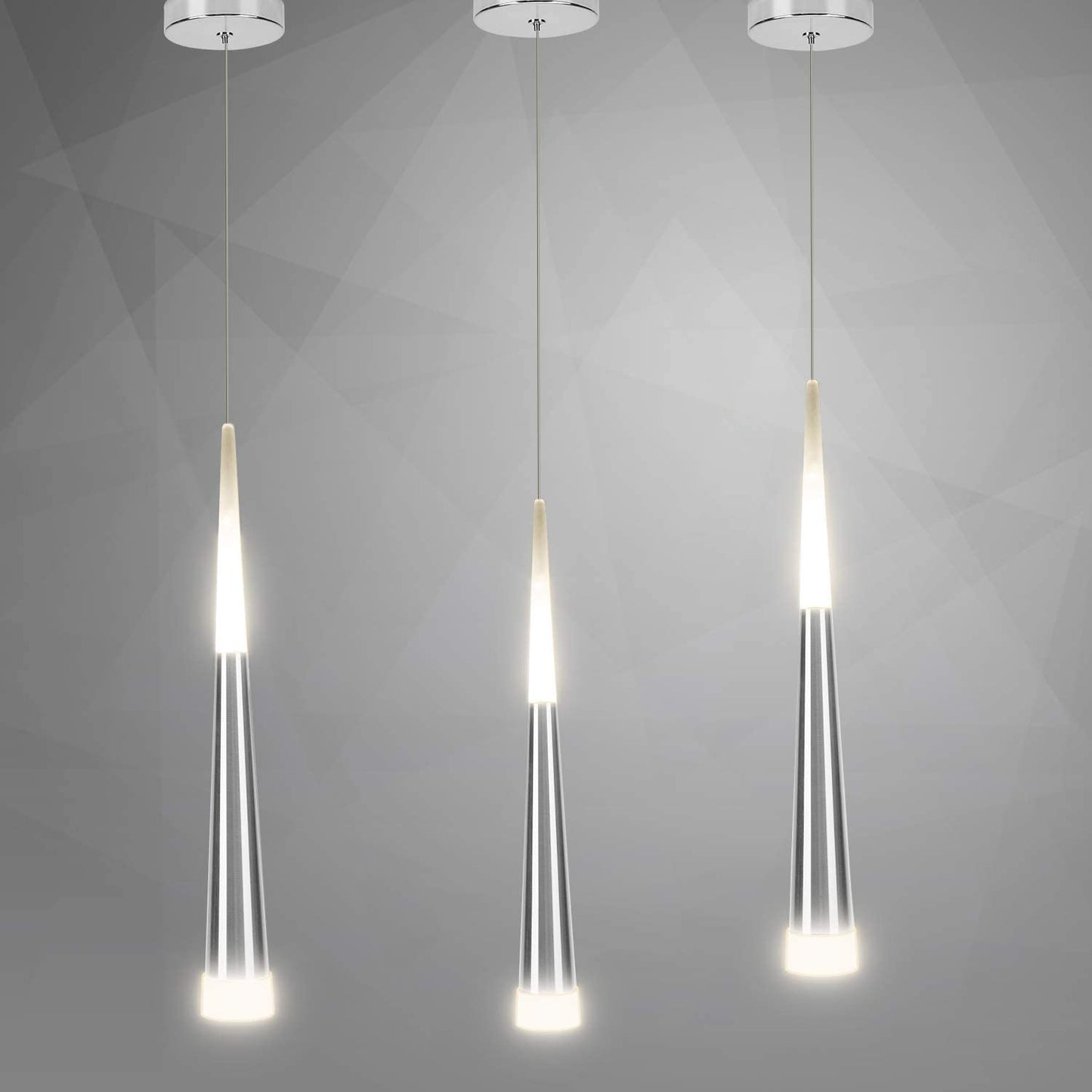 Modern Glass & Metal Pendant LED Light suspended ceiling Hanglamps with slim 45cm long cone design-3 Individual Lights-Distinct Designs (London) Ltd