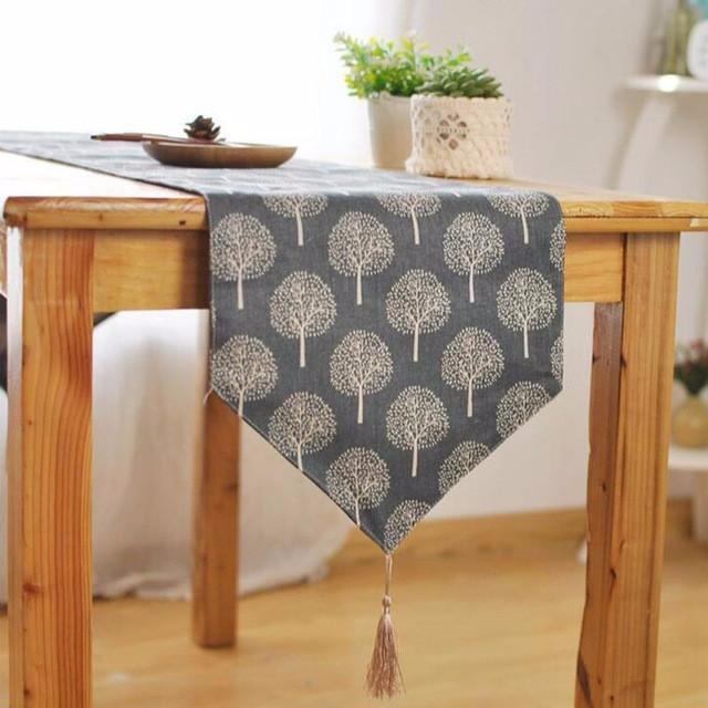 SALE Modern Linen Cotton Cloth Table Runner Tree Printed Decorative design & V shaped finish Tassel-M - 30x180cm-LightGrey-Distinct Designs (London) Ltd