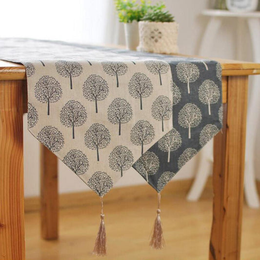 Modern Linen Cotton Cloth Table Runner Tree Printed Decorative design & V shaped finish Tassel-Distinct Designs (London) Ltd