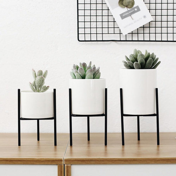 Modern Round White Ceramic Flower Planters with triangular Geometric Iron Rack Stand-Distinct Designs (London) Ltd